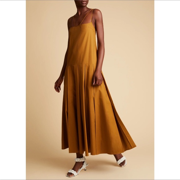 KHAITE Dresses & Skirts - KHAITE Thea Poplin Drop Waist A-Line Square Neck Pleated Maxi Dress Size 4